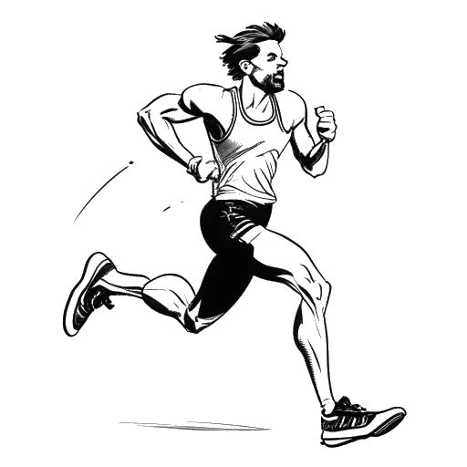 Line art drawing of a man, representing Iman Gadzhi, running a marathon, with tattoos visible on his hands.