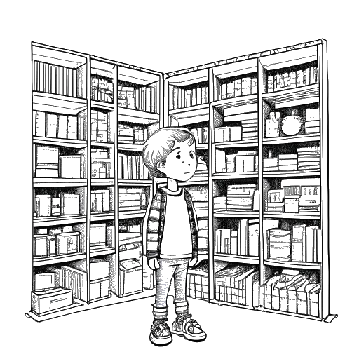 Line art drawing of a child, representing Iman Gadzhi, amidst old buildings and empty shelves, symbolizing post-Soviet poverty.
