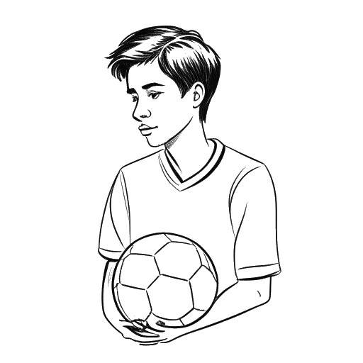 Line art drawing of a teenage boy, representing Iman Gadzhi, holding a football and looking thoughtful.