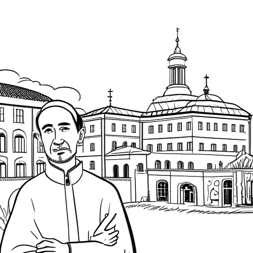 Dibujo en arte lineal de un hombre, representando a Iman Gadzhi, enseñándose a sí mismo de manera decidida, con edificios universitarios tradicionales en el fondo.