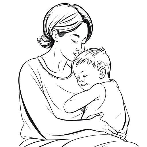 Line art drawing of a young boy, representing Iman Gadzhi, caring for his mother, who appears grateful.