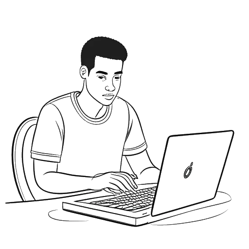 Desenho de arte em linha de um jovem, representando Iman Gadzhi, gerenciando mídias sociais em um laptop, com uma bola de futebol ao fundo.