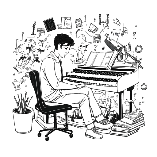 Strichzeichnung eines Mannes, der Marti Fischer am Keyboard darstellt, umgeben von musikalischen Elementen.