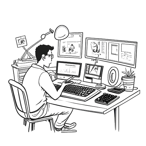 Strichzeichnung eines Mannes, der Marti Fischer beim Erstellen von Inhalten an einem Computer darstellt, umgeben von Videovorschaubildern und musikalischen Elementen.