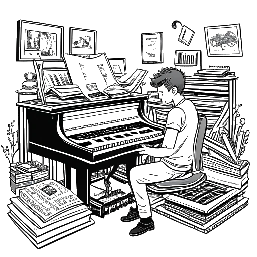 Strichzeichnung eines Mannes, der Marti Fischer repräsentiert, der an einem Klavier sitzt. Er ist von Geldstapeln und einem Aufnahmestudio-Setup umgeben, was sein Einkommen aus Musik und YouTube symbolisiert.