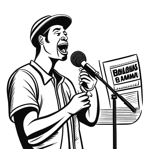 Strichzeichnung eines Mannes, der Marti Fischer darstellt, der ein Mikrofon hält, mit einer Bongotrommel und einem Boulevard-Schild im Hintergrund