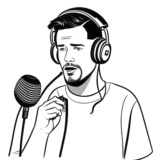 Strichzeichnung eines Mannes, der Marti Fischer darstellt, der ein Mikrofon hält, mit Kopfhörern und einem Podcast-Logo im Hintergrund