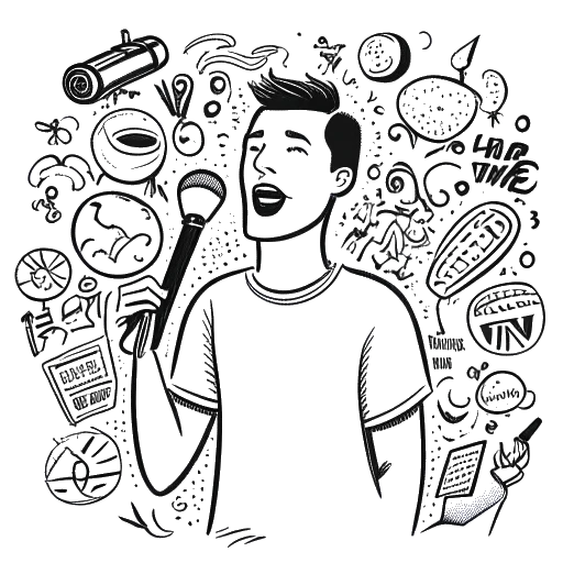 Strichzeichnung eines Mannes, der Marti Fischer darstellt, der ein Mikrofon hält, mit verschiedenen Sprechblasen, die Botschaften zur Sensibilisierung für psychische Gesundheit enthalten, um ihn herum