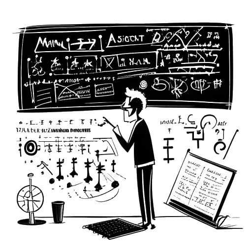 Strichzeichnung eines Mannes, der Marti Fischer darstellt, der eine Tafel mit Musikstrukturen und Gleichungen hält