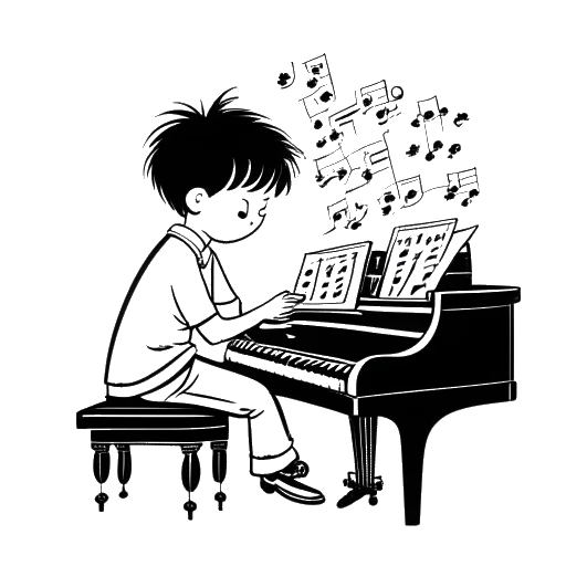 Strichzeichnung eines Jungen, der Marti Fischer darstellt, der eine Tastatur spielt, mit Musiknoten im Hintergrund