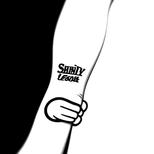 Strichzeichnung des Handgelenks eines Mannes, der Marti Fischer darstellt, mit einem am 'Die Simpsons' inspirierten Tattoo mit der Aufschrift 'Endut! Hoch Hech!'