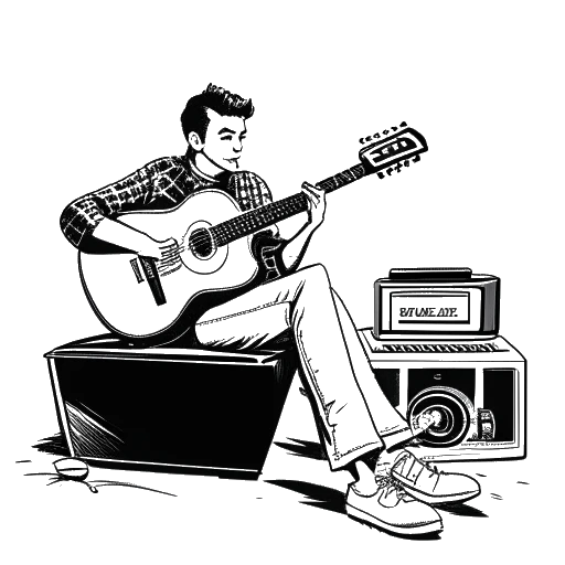 Strichzeichnung eines Mannes, der Marti Fischer darstellt, der eine Gitarre und einen Fernseher hält, mit einem zerrissenen Diplom im Hintergrund