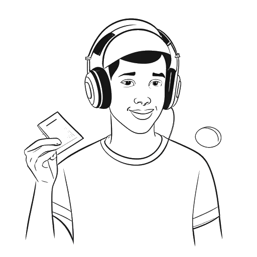 Strichzeichnung eines Mannes, der Marti Fischer darstellt, der ein Diplom mit einem Filmstreifen und Kopfhörern hält, was sein Training als Synchronsprecher symbolisiert