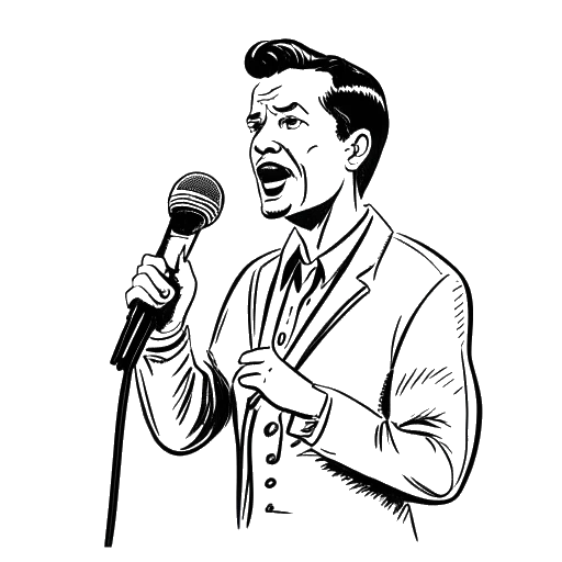 Strichzeichnung eines Mannes, der Marti Fischer darstellt, der mehrere berühmte Persönlichkeiten imitiert und ein Mikrofon hält