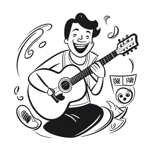 Strichzeichnung eines Mannes, der Marti Fischer darstellt, der eine Gitarre und einen YouTube-Play-Button hält, mit Lachsymbolen im Hintergrund