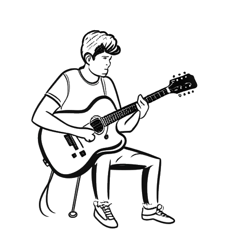 Strichzeichnung eines Mannes, der Marti Fischer darstellt, der eine Videokamera und eine Gitarre hält, mit einem YouTube-Play-Button im Hintergrund