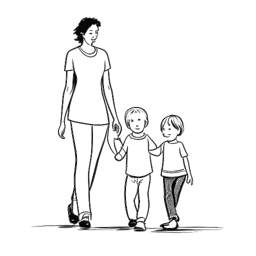 Strichzeichnung von KC Rebell mit seiner Frau und seinem Kind, die Hand in Hand spazieren, alles vor einem weißen Hintergrund.