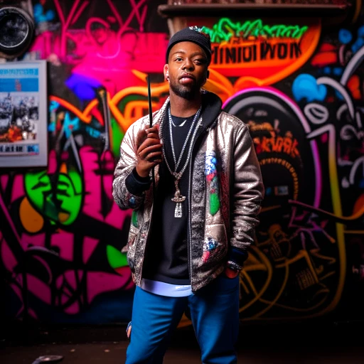 Farbfoto von KC Rebell, einem Mann Mitte 30, der selbstbewusst mit einem Mikrofon steht, in stilvoller urbaner Kleidung. Der Hintergrund ist lebhaft und zeigt eine Mischung aus kulturellen und musikalischen Elementen wie Noten, Graffiti und Instrumenten.