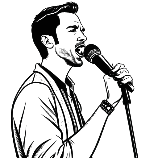 Strichzeichnung eines Mannes, der KC Rebell darstellt, der ein Mikrofon hält mit seinem 10. Soloalbum 'Rebell Army' im Hintergrund.