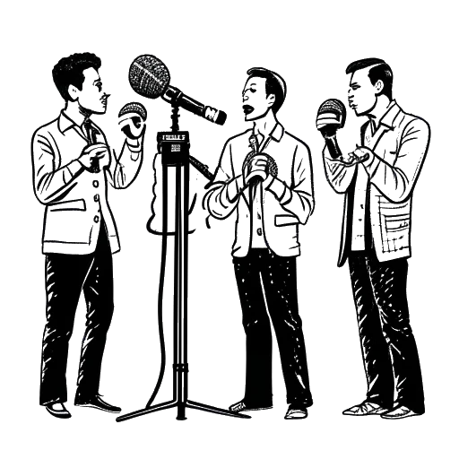 Strichzeichnung von vier Männern, die KC Rebell, Farid Bang, Summer Cem und Nimo darstellen, die gemeinsam Musik machen.