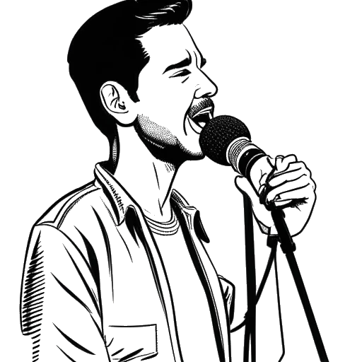 Strichzeichnung eines Mannes, der KC Rebell darstellt, der ein Mikrofon hält mit seinem Debütalbum 'Derdo Derdo' unter Life Is Pain im Hintergrund.