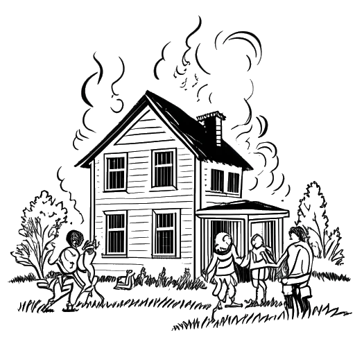 Strichzeichnung eines brennenden Hauses, die die frühen Lebenskämpfe von KC Rebell und seiner Familie darstellt.