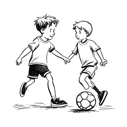 Strichzeichnung von zwei Jungen, die KC Rebell und Mesut Özil darstellen, die zusammen Fußball spielen in ihrer Jugend.