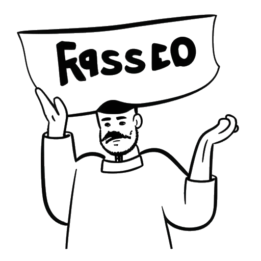 Strichzeichnung eines Mannes, der KC Rebell darstellt, der ein Schild hält mit seinem Künstlernamen, abgeleitet von seinem Kindheits-Spitznamen 'Hasso' und 'Rebell'.