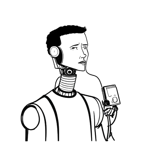 Strichzeichnung eines Mannes, der Manny Marc (Marc Schneider) repräsentiert, mit einer roboterhaften Stimme.