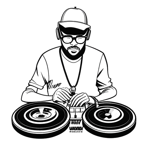 Strichzeichnung eines Mannes, der Manny Marc repräsentiert, während er als DJ mit drei Schallplatten auftritt, die seine Künstlernamenevolution zeigen.