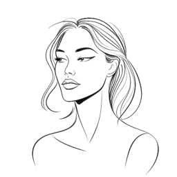 Line art drawing of a woman, representing Gabriela Moura, with captivating charisma and a strong online presence. She is depicted engaging in social media activities and modeling for renowned brands, showcasing her journey to fame.