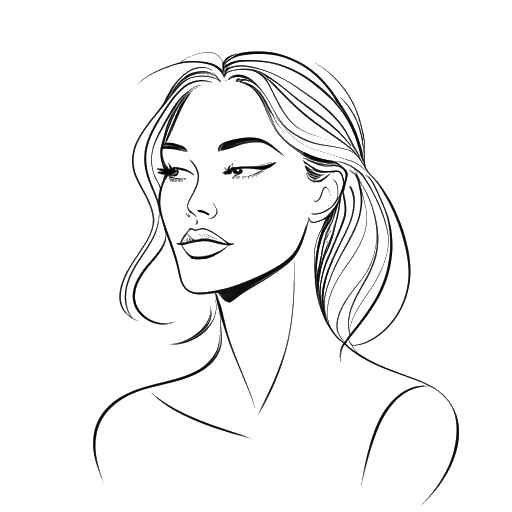 Line art drawing of a woman, representing Gabriela Moura, with captivating charisma and a strong online presence. She is depicted engaging in social media activities and modeling for renowned brands, showcasing her journey to fame.
