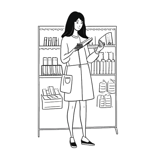Dessin en ligne monochrome d'une femme, symbolisant Gabriela Moura, tenant un smartphone et un paquet d'argent, entre des vêtements de mode et des produits cosmétiques, résumant ses sources de revenus.