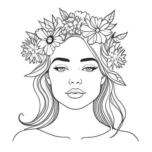 Lijntekening van een vrouw, voorstellende Gabriela, die een kroon van bloemen draagt als schoonheidsicoon op een witte achtergrond.