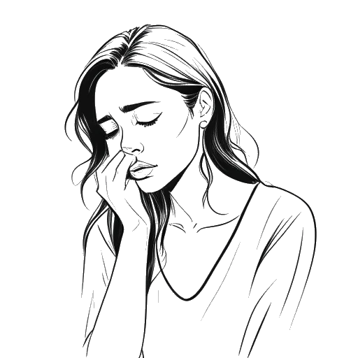 Line art drawing of a woman, representing Gabriela, grieving for her father's passing in July 2019 on a white background.