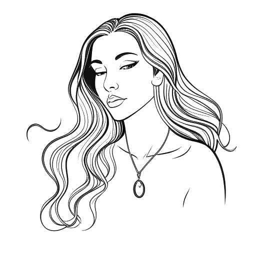 Lijntekening van een vrouw, Gabriela voorstellend, met lang haar die een Tweelingen sterrenbeeld hanger draagt, in gesprek op een witte achtergrond.
