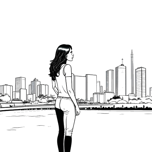 Lijntekening van een vrouw, Gabriela voorstellend, staand tussen de skylines van Rio de Janeiro en Los Angeles op een witte achtergrond.