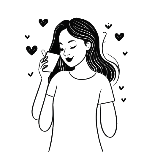 Line art drawing of a woman, representing Gabriela, holding a smartphone with TikTok hearts rising around her on a white background.