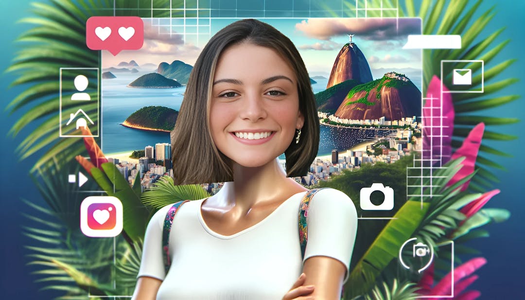 Gabriela Moura met een brede glimlach voor een samengevoegde achtergrond van Rio de Janeiro en Los Angeles, gekleed in elegante kleding, met sociale media-pictogrammen die haar online invloed vertegenwoordigen.