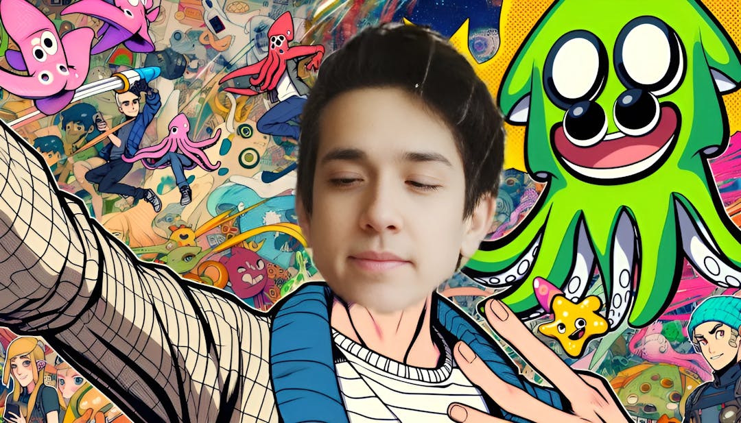 Daidus, a slim male with light skin, taking a selfie in a background filled with cartoon and anime squid illustrations. Casual attire with space-themed props and a 'lucky rabbit's foot' artifact. Vibrant and colorful scene capturing his animated and comedic persona.
