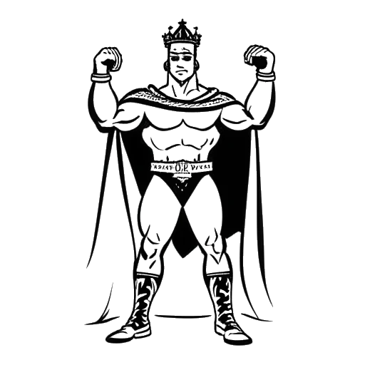 Dibujo lineal que muestra a un hombre musculoso, representando a Rey Woods, con atuendo real de lucha libre y un cinturón de campeonato, exhibiendo su resiliencia y victorias en la WWE.