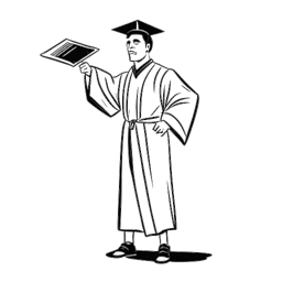 Dibujo lineal de un hombre vestido con birrete y toga, representando a Xavier Woods, con un diploma y un cinturón de campeonato, simbolizando sus logros académicos y en la lucha libre.