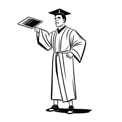 Arte em linha de um homem vestido com beca e capelo, representando Xavier Woods, com um diploma e um cinturão de campeão, simbolizando suas conquistas acadêmicas e na luta livre.