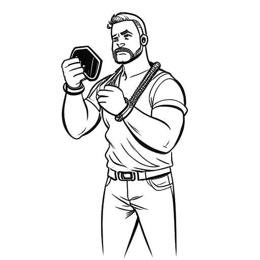 Line art drawing of a man, representing Xavier Woods, as a charismatic wrestler with a championship belt, and holding a game controller, suggesting his dual career in wrestling and gaming, against a white backdrop.