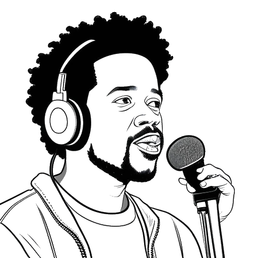 Line art drawing of a man representing Xavier Woods hosting on G4 network with a microphone and headset, set against a white backdrop.