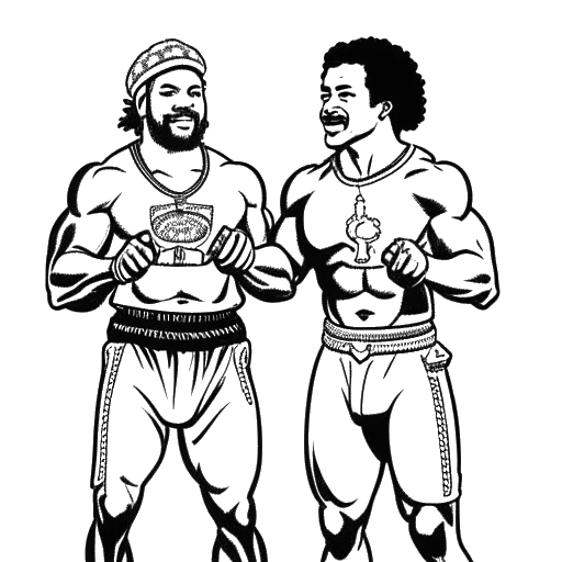 Desenho em arte linear de dois homens, representando Xavier Woods e Jay Lethal, segurando um cinturão de campeão de duplas de luta livre.