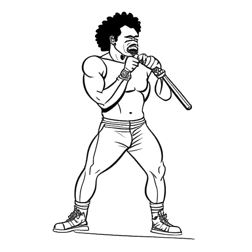 Line art drawing of a man, representing Xavier Woods, playing a trombone while standing on a wrestling ring.