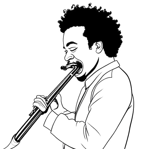 Line art drawing of a man representing Xavier Woods playing the trombone set against a white background.