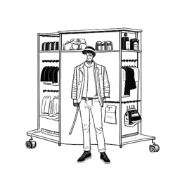 Lijnillustratie van een man, die Sneako representeert, tussen kledingontwerpen en een filmcamera, met digitaal verbonden figuren op de achtergrond, wat wijst op zijn ondernemingen en invloed, tegen een witte achtergrond.