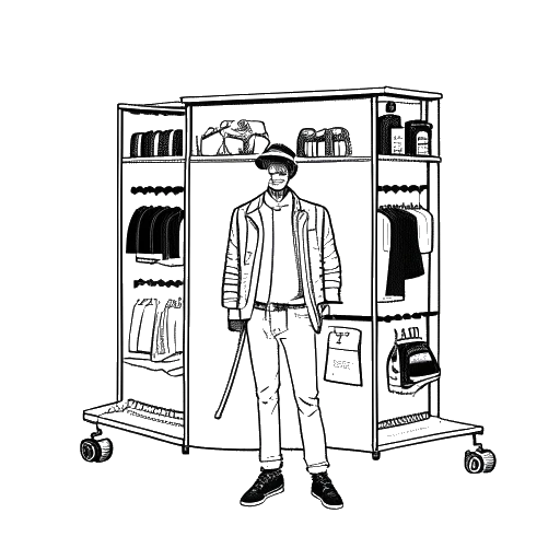 Ilustração linear de um homem, representando Sneako, entre designs de roupas e uma câmera de cinema, com figuras digitalmente conectadas ao fundo, indicativo de seus empreendimentos e influência, em um fundo branco.